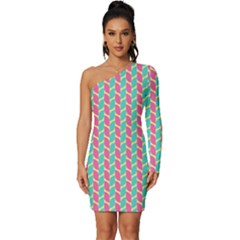 Yellow Blue Pattern Long Sleeve One Shoulder Mini Dress by ytdream