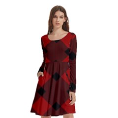 Red Diagonal Plaid Big Long Sleeve Knee Length Skater Dress With Pockets by ConteMonfrey