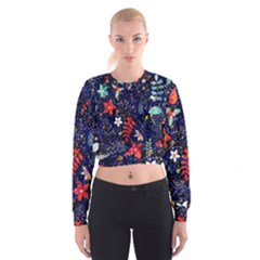 Festive Floral Pattern Christmas Blue Floral Flower Foliage Leaves Pattern Red Snow Winter Cropped Sweatshirt by Maspions