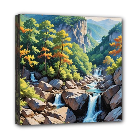 Serene Mountain Waterfall Landscape Mini Canvas 8  X 8  (stretched) by ExtraAwesomeSauce