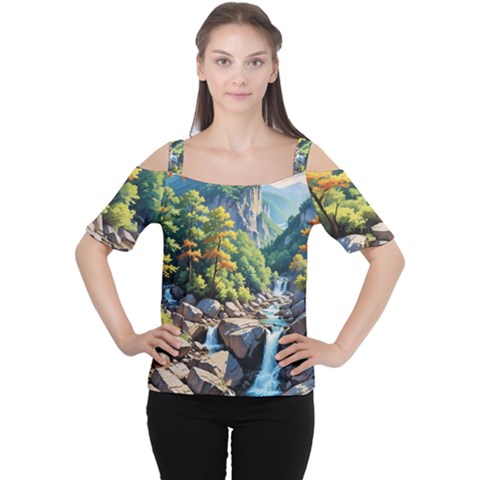 Serene Mountain Waterfall Landscape Cutout Shoulder T-shirt by ExtraAwesomeSauce