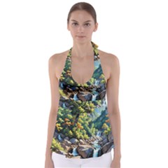 Serene Mountain Waterfall Landscape Tie Back Tankini Top by ExtraAwesomeSauce