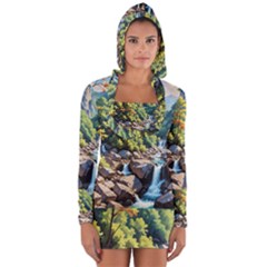 Serene Mountain Waterfall Landscape Long Sleeve Hooded T-shirt by ExtraAwesomeSauce