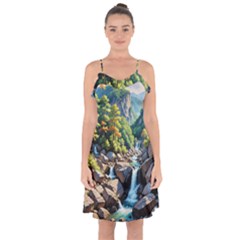 Serene Mountain Waterfall Landscape Ruffle Detail Chiffon Dress by ExtraAwesomeSauce