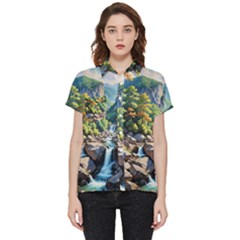 Serene Mountain Waterfall Landscape Short Sleeve Pocket Shirt by ExtraAwesomeSauce