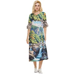 Serene Mountain Waterfall Landscape Double Cuff Midi Dress by ExtraAwesomeSauce