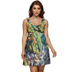 Serene Mountain Waterfall Landscape Ruffle Strap Babydoll Chiffon Dress by ExtraAwesomeSauce