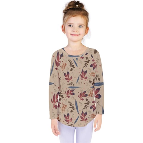 Leaves Pattern Teal Seamless Fall Kids  Long Sleeve T-shirt by Posterlux