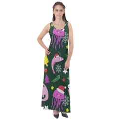 Dinosaur Colorful Funny Christmas Pattern Sleeveless Velour Maxi Dress by Ket1n9
