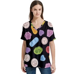 Ecstasy Pills Pattern V-neck Split Shoulder Casual T-shirt by Valentinaart