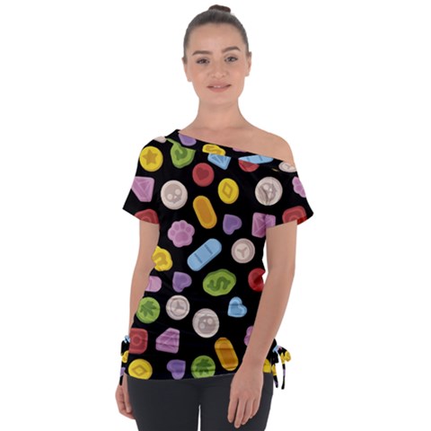 Ecstasy Pills Pattern Off Shoulder Tie-up T-shirt by Valentinaart