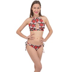 Poinsettia Pattern Seamless Pattern Christmas Xmas Cross Front Halter Bikini Set by Paksenen