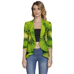 Kiwi Fruits, Close-up, Exotic Fruit Women s 3/4 Sleeve Ruffle Edge Open Front Jacket by kyorashop23