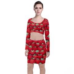 Strawberry Texture, Macro, Ripe Strawberry Long Sleeve Crop Top & Bodycon Skirt Set by kyorashop23