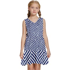 Blue And White Abstract Stripes Kids  Sleeveless Tiered Mini Dress by SpinnyChairDesigns