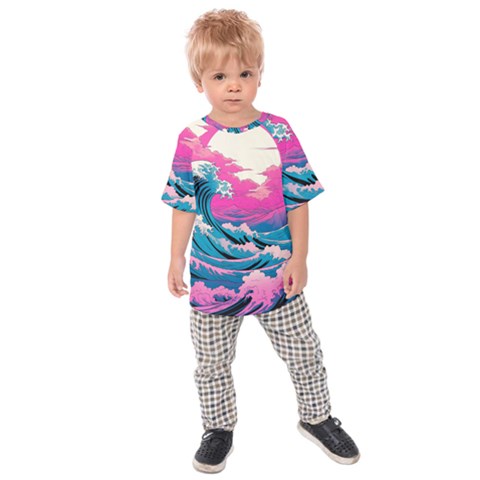 Waves Mountains Sky Kids  Raglan T-shirt by Grandong