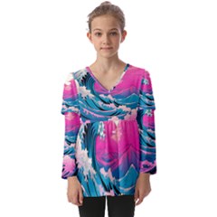Waves Mountains Sky Kids  V Neck Casual Top by Grandong