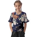 Japanese Wave Koi Illustration Pattern Kids  V-Neck Horn Sleeve Blouse View1