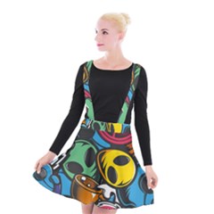 Funky Alien Pattern Abstract Colourful Drawing Suspender Skater Skirt by Posterlux