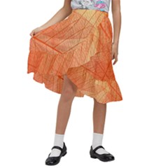Abstract Texture Of Colorful Bright Pattern Of Transparent Leaves Of Orange And Yellow Color Kids  Ruffle Flared Wrap Midi Skirt by Posterlux