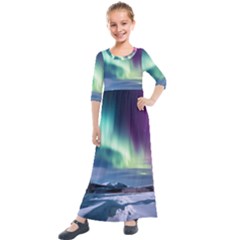 Northern Lights Aurora Night Nature Kids  Quarter Sleeve Maxi Dress by Posterlux