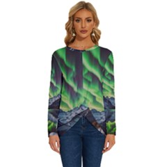 Lake Mountains Aorora Northern Lights Snow Long Sleeve Crew Neck Pullover Top by Paksenen
