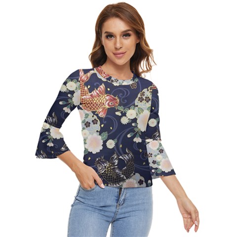 Japanese Wave Koi Illustration Pattern Bell Sleeve Top by Ndabl3x