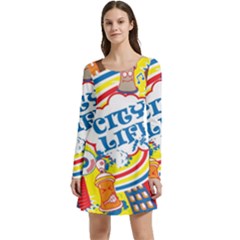 Colorful City Life Horizontal Seamless Pattern Urban City Long Sleeve Velour Skater Dress by Bedest