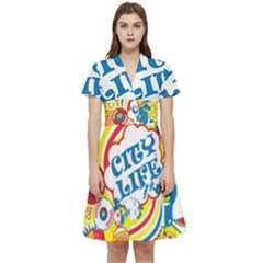 Colorful City Life Horizontal Seamless Pattern Urban City Short Sleeve Waist Detail Dress by Bedest