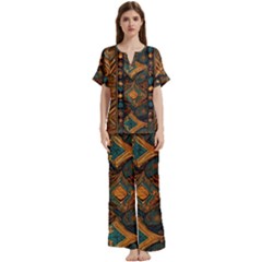Tribal Chic Short Sleeve Long Pants Satin Pajamas Set by pollyparadiseartshop