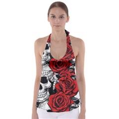 Roses And Skulls Tie Back Tankini Top by pollyparadiseartshop