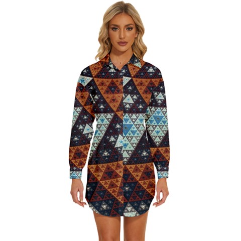 Fractal Triangle Geometric Abstract Pattern Womens Long Sleeve Shirt Dress by Cemarart
