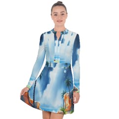 Delicate Watercolor Painting Surreal Oasis Scene With Intense Dramatic Lighting Long Sleeve Panel Dress by pollyparadiseartshop
