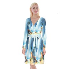Delicate Watercolor Painting Surreal Oasis Scene With Intense Dramatic Lighting Long Sleeve Velvet Front Wrap Dress by pollyparadiseartshop