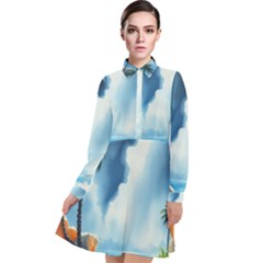 Delicate Watercolor Painting Surreal Oasis Scene With Intense Dramatic Lighting Long Sleeve Chiffon Shirt Dress by pollyparadiseartshop