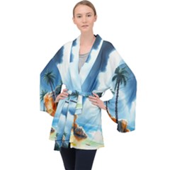 Delicate Watercolor Painting Surreal Oasis Scene With Intense Dramatic Lighting Long Sleeve Velvet Kimono  by pollyparadiseartshop