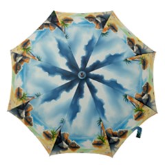 Delicate Watercolor Painting Surreal Oasis Scene With Intense Dramatic Lighting Hook Handle Umbrellas (medium) by pollyparadiseartshop