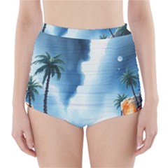 Delicate Watercolor Painting Surreal Oasis Scene With Intense Dramatic Lighting High-waisted Bikini Bottoms by pollyparadiseartshop
