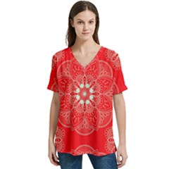 Crimson Current V-neck Split Shoulder Casual T-shirt by ArtfulThreads