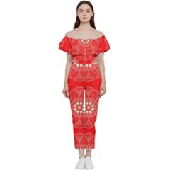 Crimson Current Bardot Ruffle Jumpsuit by ArtfulThreads