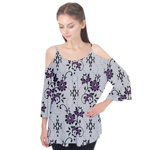 Elegant Purple Floral Jacquard Mesh Lace Fabric Flutter Sleeve T-shirt by ArtfulThreads