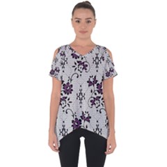 Elegant Purple Floral Jacquard Mesh Lace Fabric Cut Out Side Drop T-shirt by ArtfulThreads