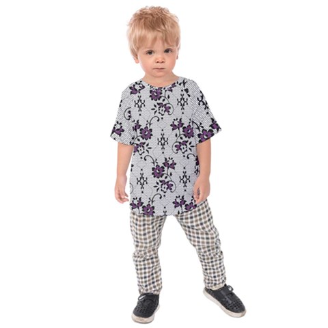 Elegant Purple Floral Jacquard Mesh Lace Fabric Kids  Raglan T-shirt by ArtfulThreads