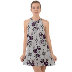 Elegant Purple Floral Jacquard Mesh Lace Fabric Halter Tie Back Chiffon Dress by ArtfulThreads