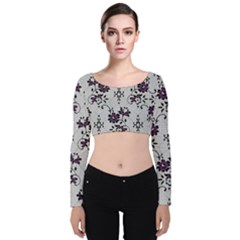 Elegant Purple Floral Jacquard Mesh Lace Fabric Velvet Long Sleeve Crop Top by ArtfulThreads