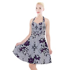 Elegant Purple Floral Jacquard Mesh Lace Fabric Halter Party Swing Dress  by ArtfulThreads