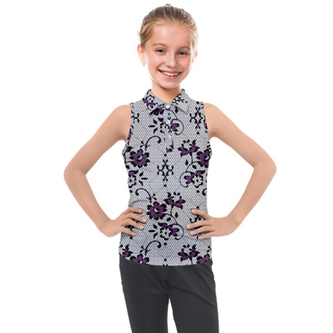 Elegant Purple Floral Jacquard Mesh Lace Fabric Kids  Sleeveless Polo T-shirt by ArtfulThreads