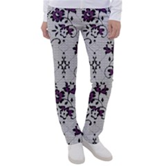 Elegant Purple Floral Jacquard Mesh Lace Fabric Women s Casual Pants by ArtfulThreads