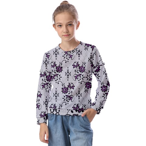 Elegant Purple Floral Jacquard Mesh Lace Fabric Kids  Long Sleeve T-shirt With Frill  by ArtfulThreads