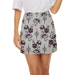 Elegant Purple Floral Jacquard Mesh Lace Fabric Mini Front Wrap Skirt by ArtfulThreads